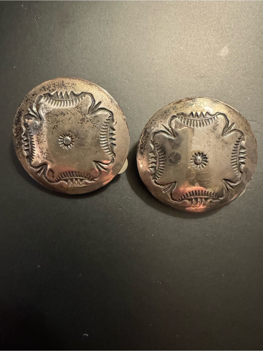 Vintage Sterling Silver Hand Stamped Concho Clip-On Earrings